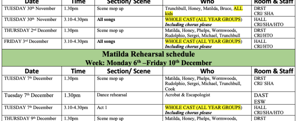 Matilda Rehearsal – Monday 29 Nov – Friday 10 Dec