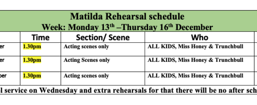 Matilda Rehearsal – Monday 13 Dec – Friday 17 Dec